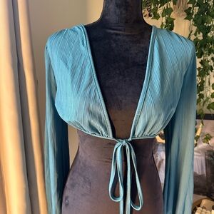 Teal Long Sleeve Tie-Front Top
